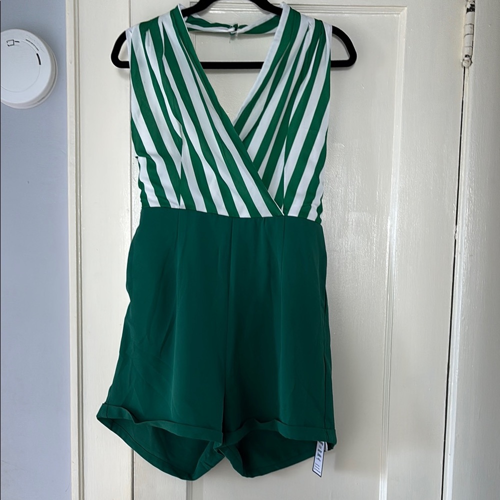 Green and White Striped Romper